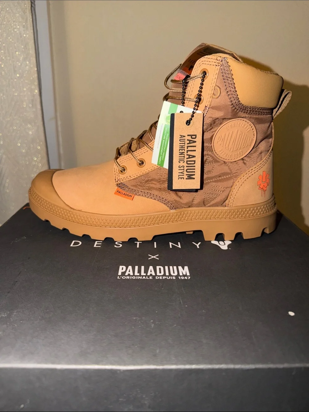 Palladium Men’s Tan Canvas Waterproof Lace-Up Boot with Orange Tag